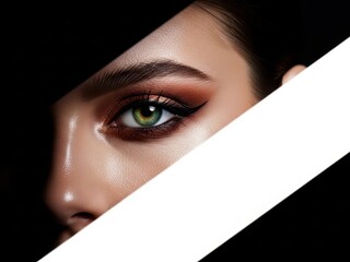 Extreme closeup of a womans eye with dramatic brown eyeshadow and sharp black eyeliner against a split background