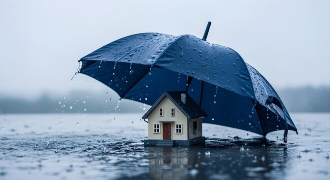 Small house struggles to stay afloat under large blue umbrella in flooded area on rainy day.