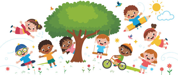 Cartoon children outdoor play illustration, park scene, joyful expressions, nature elements, swing, bicycle, sunshine, flowers, vector graphic