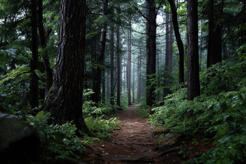 Fototapeta premium Lush green forest path surrounded by tall trees and dense foliage during early morning mist