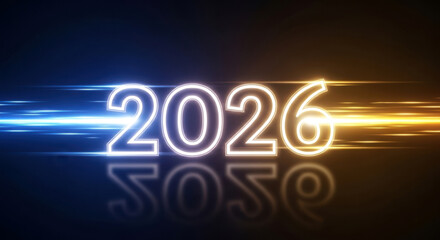 Bright neon glowing number 2026 with speed light trails