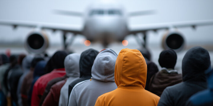 Migranten warten auf Abschiebung am Flughafen vor Abschiebeflieger