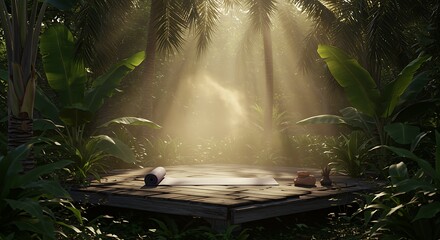 Yoga platform in tropical jungle with sunlit serene atmosphere