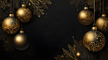 Luxury Black and Gold Christmas Ornaments with Elegant Floral Design on Dark Background