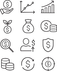  Investment, financial security, and profit growth line icons set.