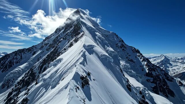Majestic snowcovered mountain peak under a bright blue sky with sun rays and scattered clouds