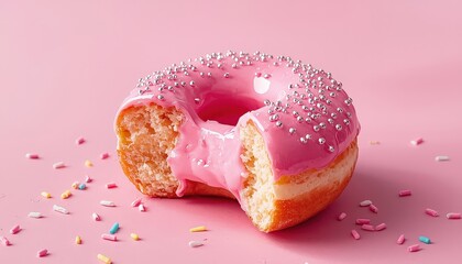A delightful close-up of a pink glazed donut with silver sprinkles and a missing bite