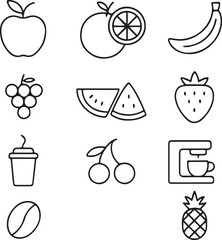 Fresh fruits, healthy food, and coffee break line icons set.