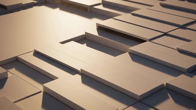 Abstract geometric architecture with layered rectangular slabs, bathed in warm golden light, serene
