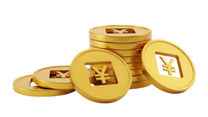 Stack of golden chinese yuan coins with individual coins scattered isolated on transparent background