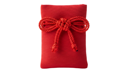 Traditional japanese red fabric pouch with knot detail isolated on transparent background