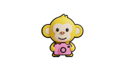A Cheerful Cartoon Yellow Monkey Character Holding a Pink Digital Camera Isolated on a Transparent Background