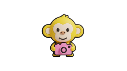 A Cheerful Cartoon Yellow Monkey Character Holding a Pink Digital Camera Isolated on a Transparent Background