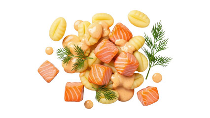 Salmon and potato dish with creamy sauce isolated on transparent background