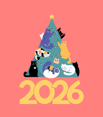 Funny cute cats play on Christmas tree 2026 card illustration