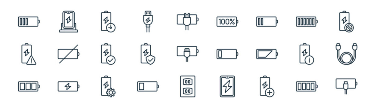 linear battery charge icon pack. vector thin line icons collection such as battery level, charge, battery charge, level, usb cable, plug,