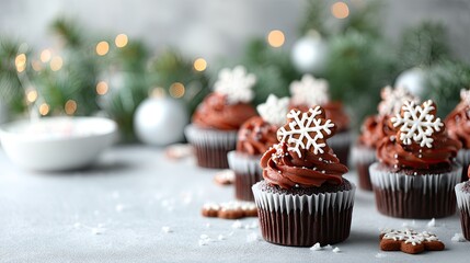 Chocolate cupcakes topped with rich frosting and snowflake decorations create a warm festive mood for the holiday season