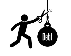 Stickman cutting a hanging debt ball with scissors, symbolizing debt freedom, financial recovery, smart planning, loan closure, and economic independence.