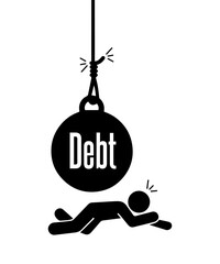 Stickman crushed under a hanging debt ball, symbolizing overwhelming debt, financial stress, loan pressure, mental health impact, and economic hardship.