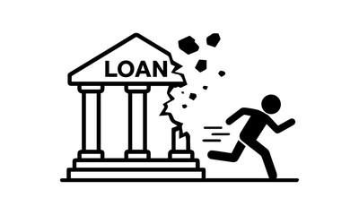Stickman running as a loan building collapses behind him, symbolizing loan default, financial risk, credit problems, banking crisis, and debt pressure.