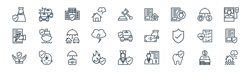 linear insurance icon pack. vector thin line icons collection such as deposit, accident, insurance company, insurance, thunderstorm, document file, health flood