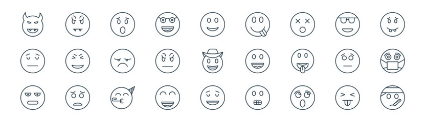 linear emoji icon pack. vector thin line icons collection such as taunt, spooky, yelling, sunglasses, angry, sick, relieved, sick