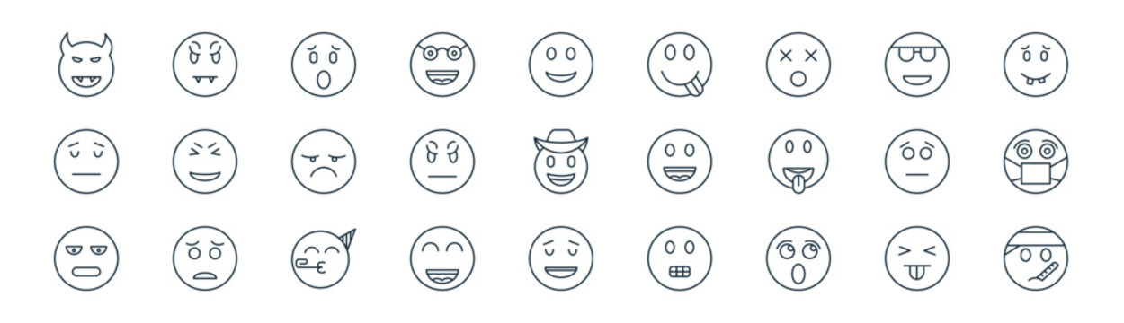 linear emoji icon pack. vector thin line icons collection such as taunt, spooky, yelling, sunglasses, angry, sick, relieved, sick