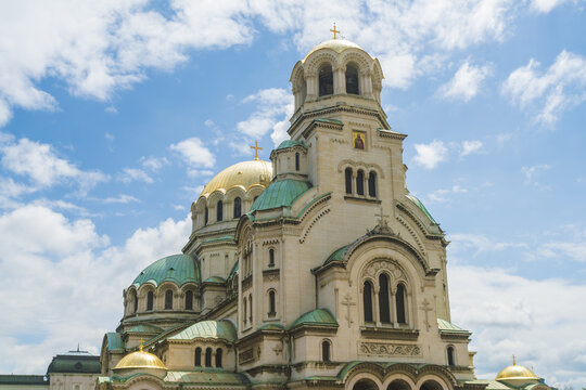View of the Alexander Nevsky Cathedral, a neo-Byzantine architectural marvel with golden domes gleaming under a bright sky, Sofia, Sofia City Province, Bulgaria.
