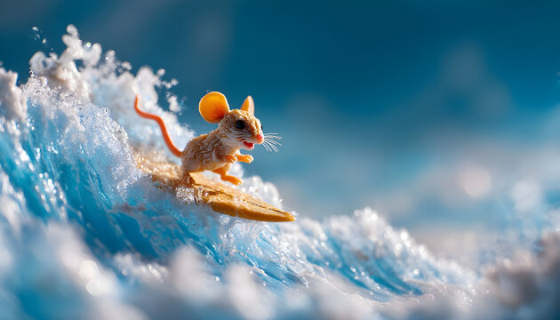A vivid, actionpacked scene featuring a mouse surfing on a wave. The mouse is depicted in a dynamic pose, with its body leaning forward and its tail trailing behind, suggesting motion