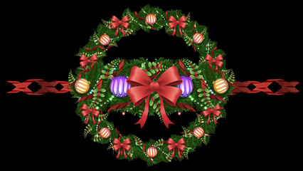 A circular pine wreath features a prominent red bow in the center. Horizontal ribbons extend outward to create a unique decorative badge.