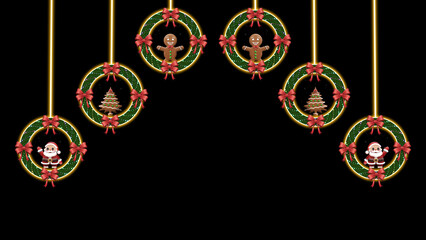 Five pine circles form a curved layout. Inside are figures of Santa, a gingerbread man, and a Christmas tree.