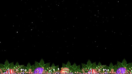 A garland of fir and treats stretches across the lower frame. Small white dots simulate a gentle snowfall in the night.