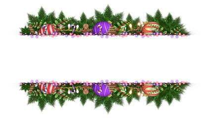 Sweet treats and colorful balls decorate two horizontal strips of greenery. The isolated background makes it easy to add text.