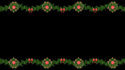 Rows of festive floral arrangements frame a black central space. Small gingerbread men hide among the leaves and red ribbons.