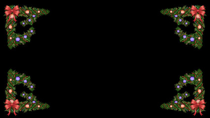 Four festive corner elements frame a black background with greenery. Red bows and ornaments add holiday cheer to the decorative edges.