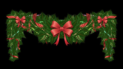 A draped holiday garland hangs from the top corners. Red ribbons flow down from the pine branches creating a curtain effect.