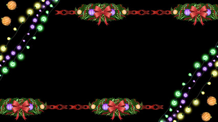 Bright colorful lights create a dynamic layout. Traditional holiday foliage anchors the top and bottom center.