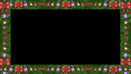 A thick rectangular border is made of rich green pine branches. Small baubles and red ribbons are scattered throughout the dense foliage.