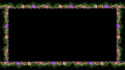 Colorful decorations hang from evergreen branches in this rectangular design. The lights create a warm glow against the dark backdrop.