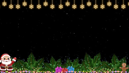 A happy gingerbread cookie stands among ferns and gifts. Above, a row of glowing snowflake lamps illuminates the dark sky