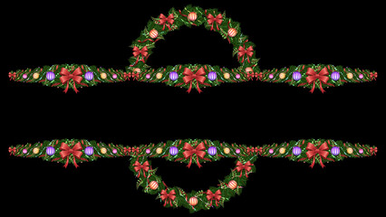 Curved pine elements and straight garlands create a dual border. Colorful ornaments and ribbons add a cheerful touch to the black background.