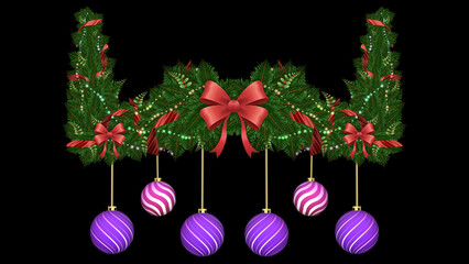 Elegant greenery creates a festive archway for content. The purple ornaments add a modern touch to the classic style