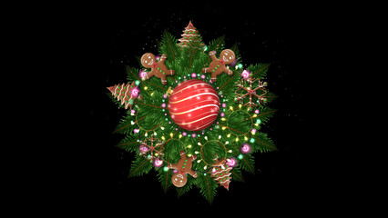 A central red ornament is surrounded by pine branches and holiday cookies. Snowflakes and lights add sparkle to the circular arrangement.