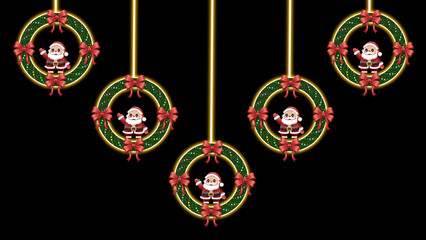 A repeating pattern of festive ornaments creates a border. The red and green design pops against the black backdrop