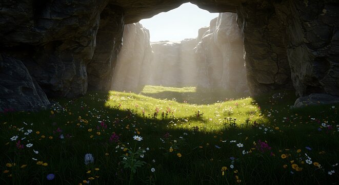 Sunlit cave entrance with vibrant wildflower meadow beyond opening - Powered by Adobe