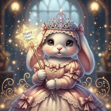 Fantasy illustration of a dressed princess rabbit holding a sparkling wand.