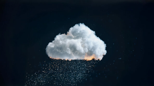 Photorealistic soft, small cloud centered on a dark studio background, ideal as a subtle background image. Light rain falls from the cloud, creating a calm and atmospheric weather concept