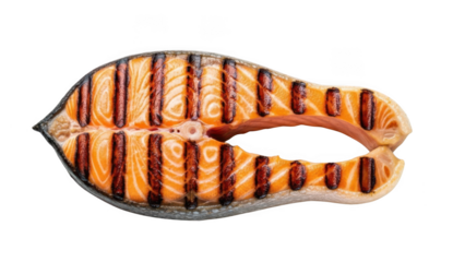 Grilled salmon steak with grill marks isolated on transparent background