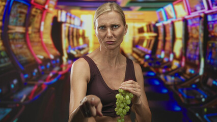 Blonde middle age woman holding a bunch of grapes, points finger with bare midriff amid rows of slot machines in casino building; skepticism.