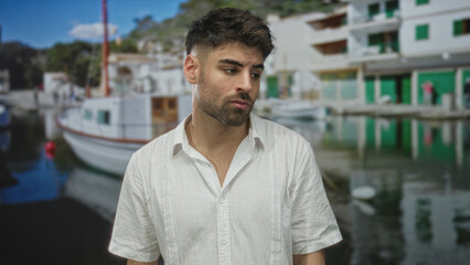 Man in white shirt pouts lower lip beside a wooden boat docked at a sunny port; melancholy introspection.